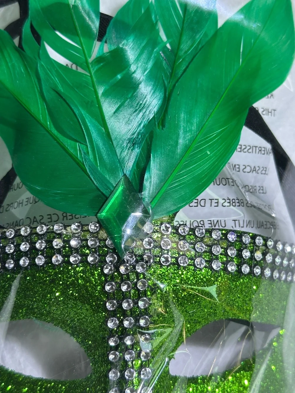 🎭 Green Glitter Masquerade Mask with Feathers Rhinestones Mardi Gras Costume 🎭